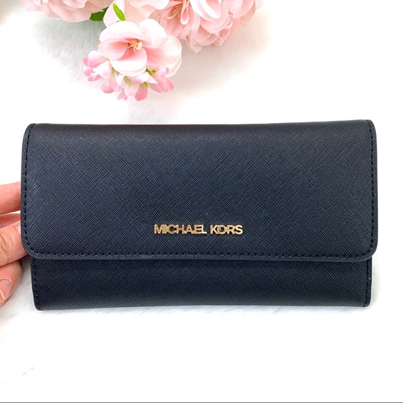 Michael Kors Jet Set Travel Large Trifold Leather Wallet in BLACK/ GOLD TONE - Picture 2 of 8